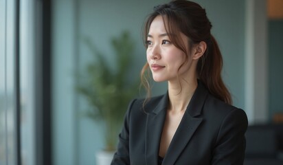 Asian businesswoman with confident expression looking ahead against office background