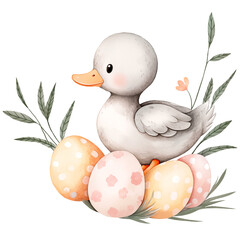 Cute gray duck with easter pastel eggs