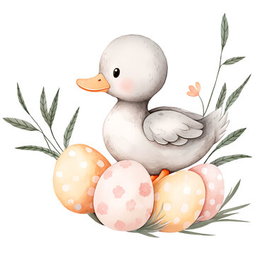Cute gray duck with easter pastel eggs