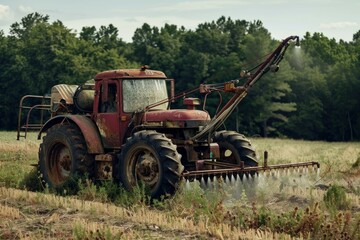 Obraz premium Old red tractor spraying fertilizer on field with green trees