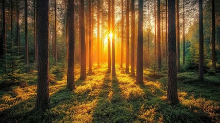 Obraz premium Golden Sunlight Filtering Through a Dense Forest Canopy