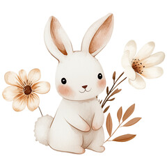 Spring white rabbit with flowers, Easter bunny illustration