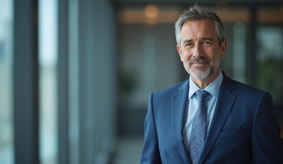 Fototapeta premium Confident mature businessman smiling in modern office setting with copy space