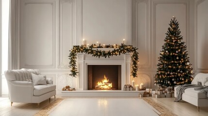Cozy holiday living room with a decorated Christmas tree and a warm fireplace.
