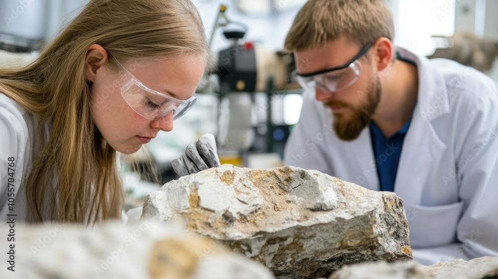 Poster female scientist examining a rock sample in a laboratory