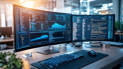 Fototapeta premium Modern Tech Workspace with Advanced Software Displays