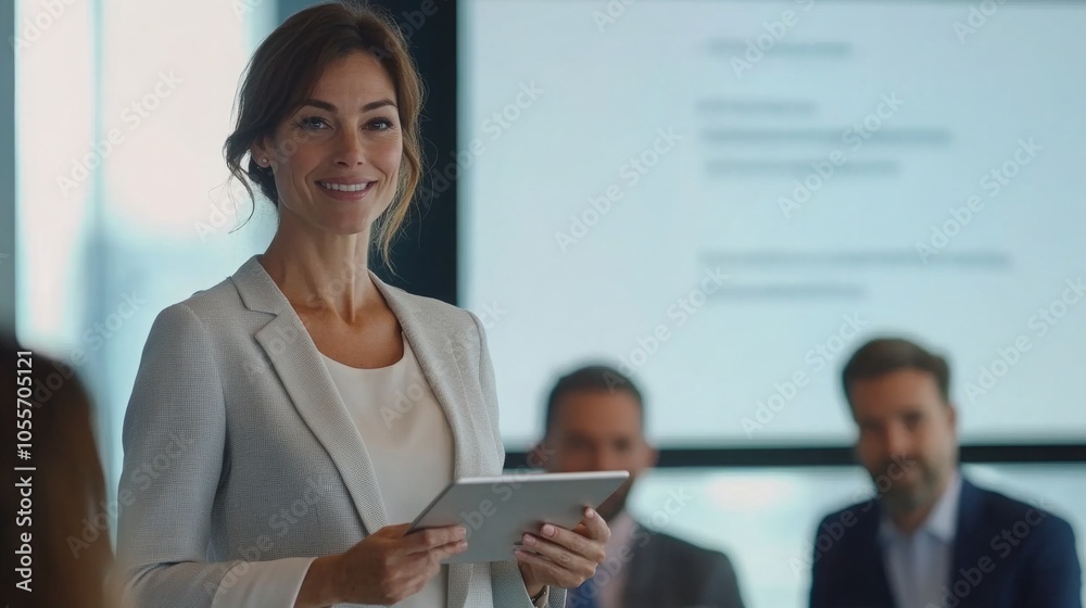 Poster A confident woman stands in front of a group, presenting with a tablet in hand. She is dressed in business attire, surrounded by attentive colleagues engaged in a collaborative discussion.