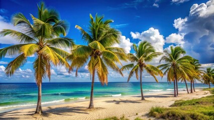 Fototapeta premium Tropical beach view in Cuba with palm trees by the Atlantic Ocean , Summer, Varadero, beach, Cuba, tropical