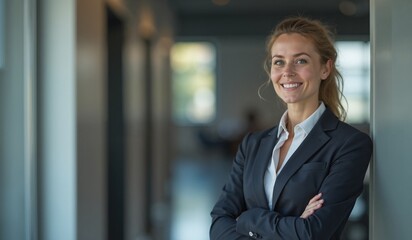 Confident businesswoman smiling in office hallway against blurred background