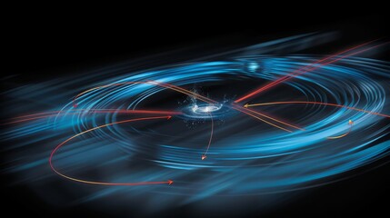Abstract morphologic description Magnetic flow with luminous lines and arrows to represent magnetic flow around a central object in dark empty space
