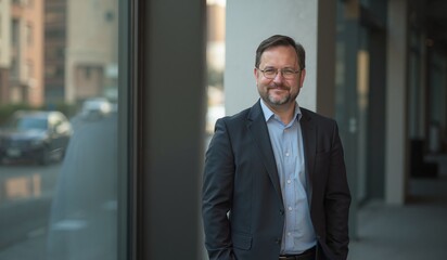 Confident businessman smiling warmly outside modern office building