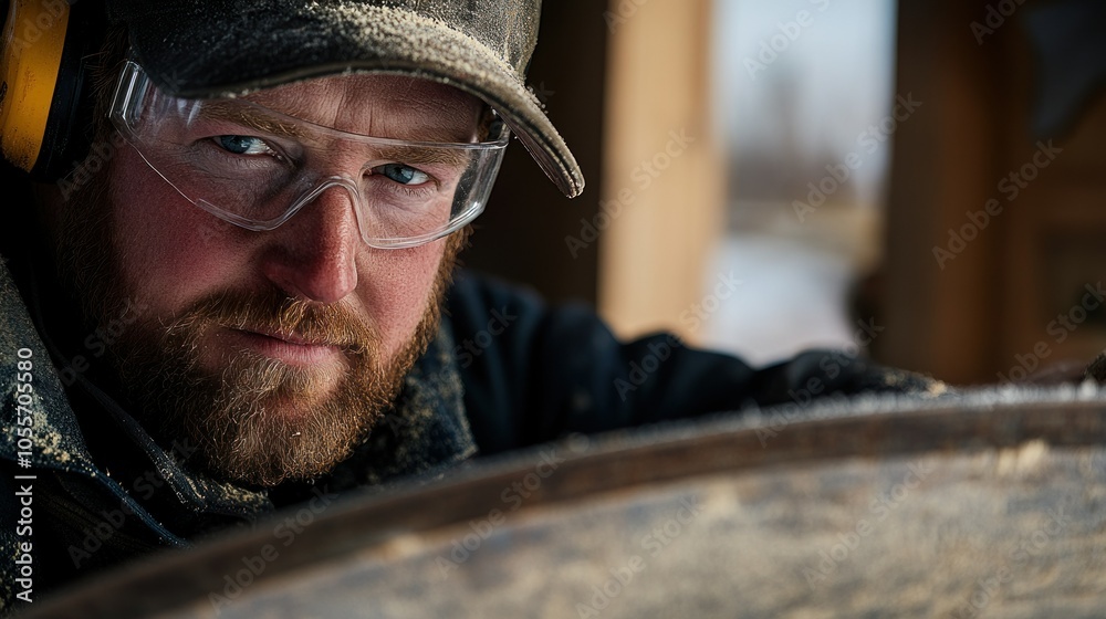 Poster close-up portrait of a bearded man wearing safety goggles and a cap, looking intensely towards the v