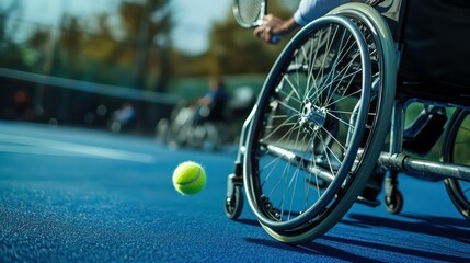 Naklejka premium A wheelchair tennis player prepares to hit a ball on a vibrant court.