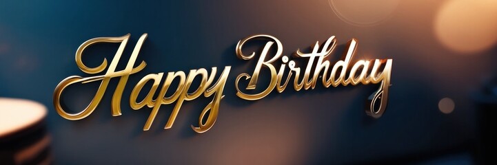Luxury Happy Birthday text in metallic gold script set against a deep blue background with warm light reflections, creating an elegant and luxurious celebratory feel