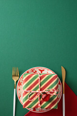 Christmas table setting with striped holiday gift box on plate, elegant gold cutlery on green...