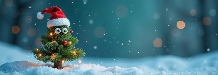 Christmas background. Little Christmas tree with decorations on a dark wooden table. Green background. Space for text. New Year's background.