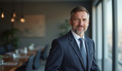 Confident Businessman with Warm Smile Standing in Modern Office against Window