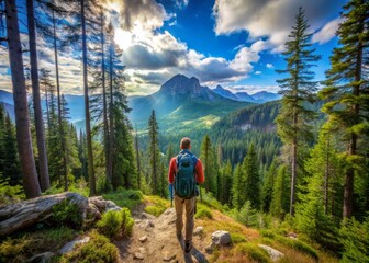 Fototapeta premium Hiking, thinking or fitness man with backpack in forest for wellness, peace and morning cardio in nature. Sport, idea or athlete explorer in park for path, route or planning trekking, journey or walk