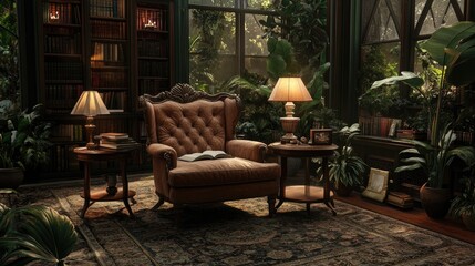 Cozy Reading Nook with Plants and Soft Lighting