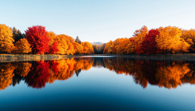 Scenic autumn landscape with vibrant trees reflecting on a calm lake.