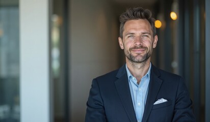 Fototapeta premium Confident businessman smiling warmly in office hallway against blurred background