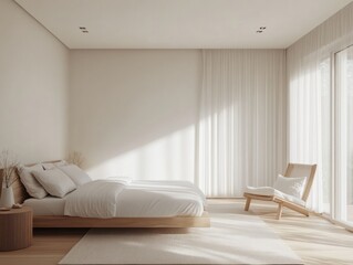 Fototapeta premium White walls in this minimalist bedroom are paired with light wooden furniture and a simple, elegant design