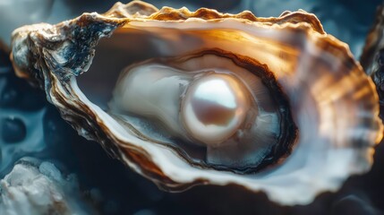 A close-up of an open oyster revealing a lustrous pearl inside.