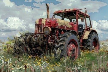 Old red and white tractor rusting away in field of flowers