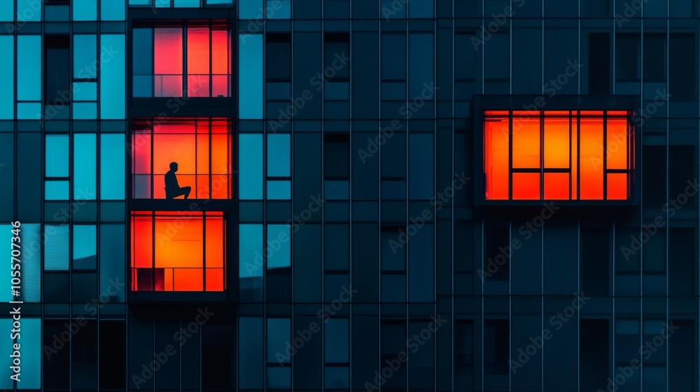 Poster a man is sitting on a chair in a window of a tall building