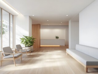 White walls, light wood floors, and gray seating in a minimalist waiting room, creating a bright and welcoming space