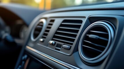 Close-up of a car's air conditioning vents and controls.