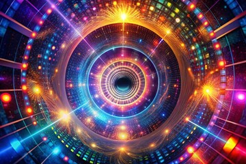 Obraz premium Abstract Fractal Space Tunnel with Light Spirals and Digital Eye Print for Future Technology Concepts