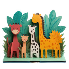 Obraz premium A colorful pop-up depiction of friendly jungle animals, including a giraffe, zebra, and two playful cartoon-like others, set against lush green foliage, isolated on transparent background