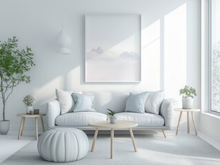 White walls paired with light gray Scandinavian furniture and pops of pastel colors in the decor for a soft, fresh look