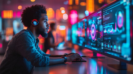 Innovative Fintech Office with Young Professionals and AI Interfaces in Collaborative Work