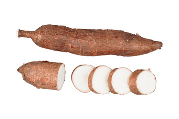 Whole cassava root with some cuts isolated transparent