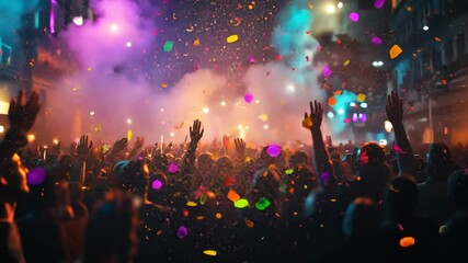 Confetti showering down on a crowd at the stroke of midnight, filling the air with color and joy as people cheer and celebrate the new year. . Video