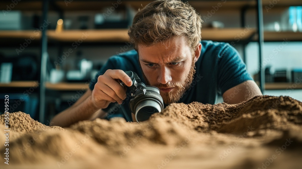 Poster a man examines a small object with a magnifying glass