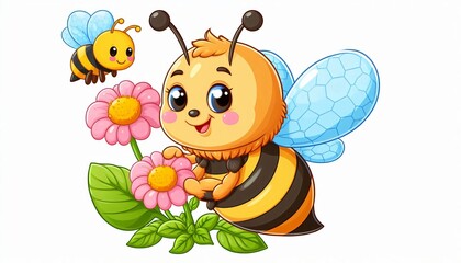 Obraz premium Cute Cartoon Bee with Flowers and White Background