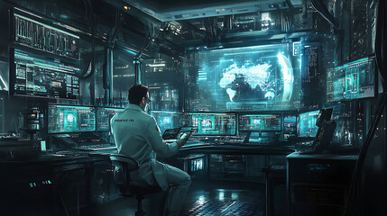 A focused AI scientist in a dimly lit tech lab, surrounded by monitors showing AI-generated simulations, conveying deep concentration and futuristic exploration 