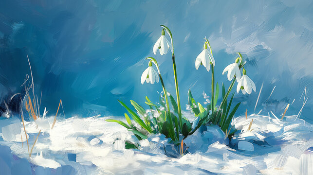 Painting of snowdrops emerging from snow against a blue background.
