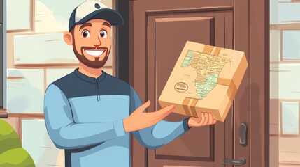Cartoon Delivery Person Holding a Package at Doorstep