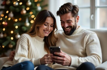 Happy relaxed millennial family couple using cellphone, sitting on cozy pillows near decorated Christmas tree, reading funny wishes online, buying gifts in internet store, celebrating winter holidays.