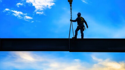 Silhouette of Construction Worker on Steel Beam Against Blue Sky