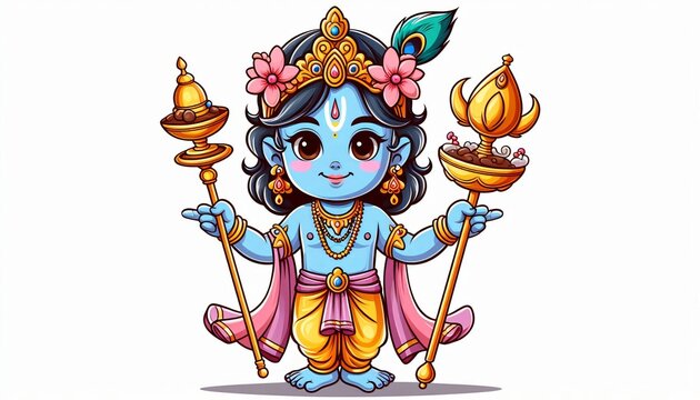 Cute Cartoon Krishna Illustration Hindu God Deity Mythology