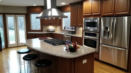 Trendy grey modern kitchen interior showcase with minimalistic furniture and led lights