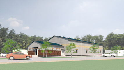 house in the park, Street-Level View of Industrial Building with Landscape