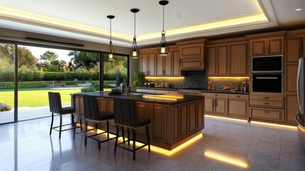 Trendy grey modern kitchen interior showcase with minimalistic furniture and led lights
