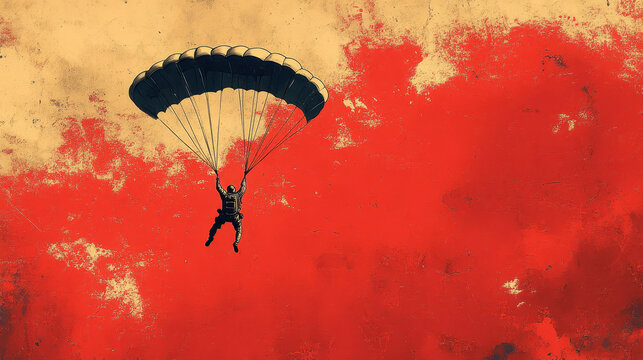 Comic book style parachute adventure with dynamic red background