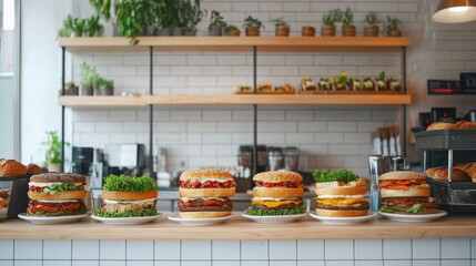 Fototapeta premium Delicious burgers sitting on plates in restaurant kitchen displaying variety of ingredients